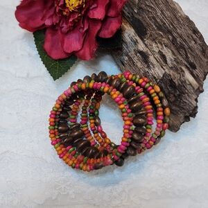 Vintage Multicolor Memory Wire Wrap Cuff Bracelet With Wooden Beads